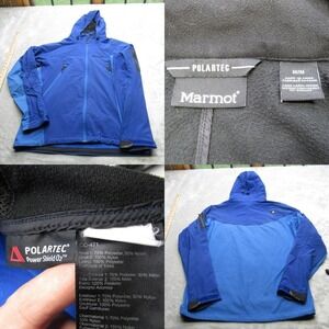 Marmot Jacket Mens Medium Blue Hood Conceal Carry Polartec‎ Full Zip Soft Shell